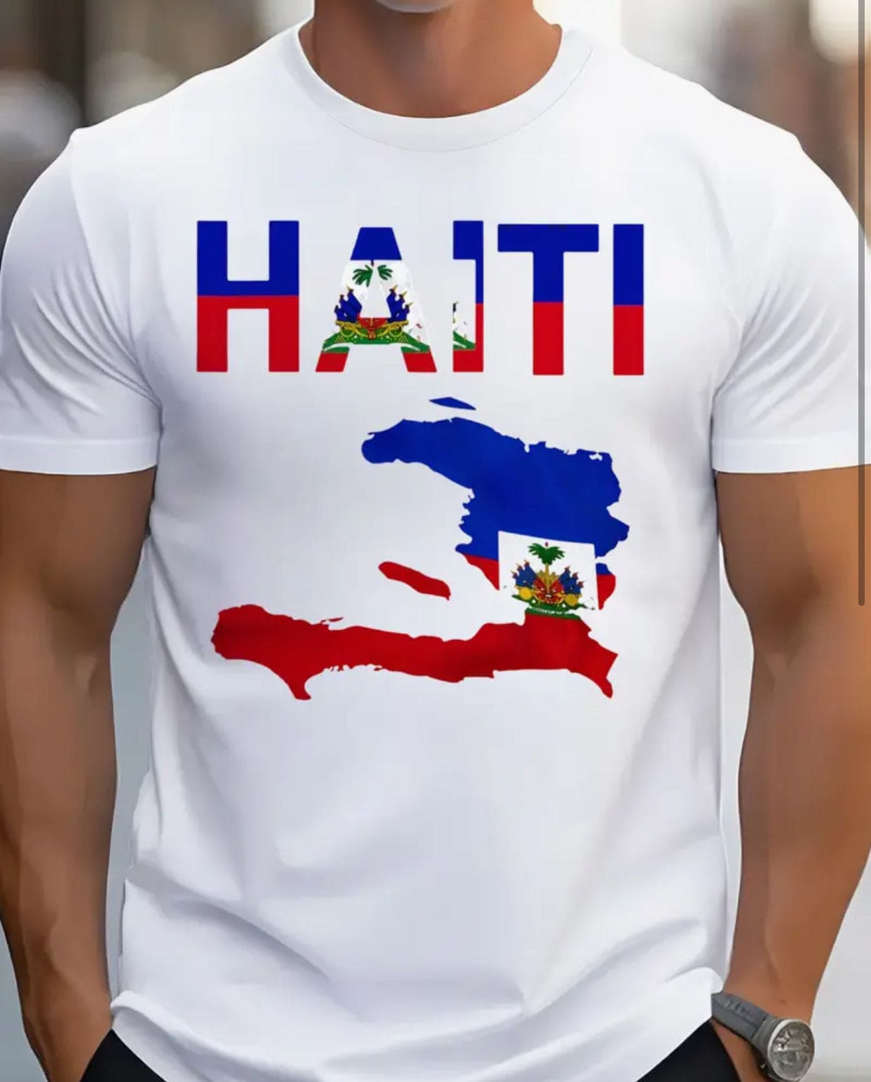 Haiti Map Graphic T-Shirt 
White t-shirt featuring a vibrant Haiti map graphic in blue and red.