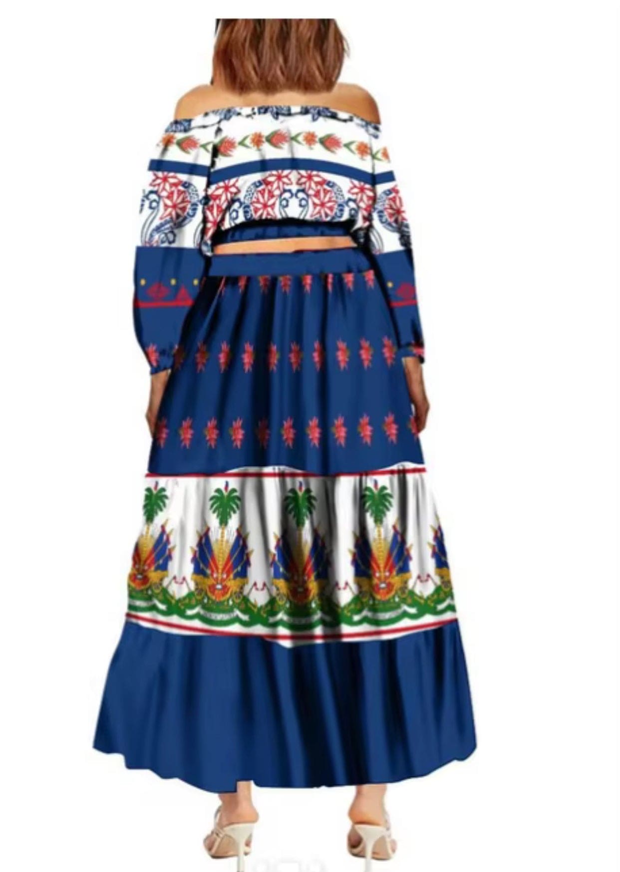 Women Two Piece Off shoulder Long Flared Sleeves Solid Tops and All over Print bottoms skirt Sets.