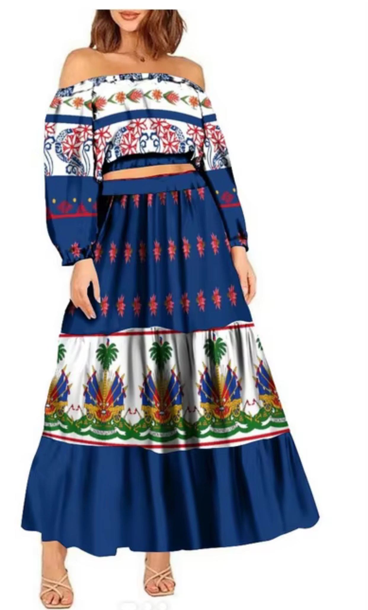 Women Two Piece Off shoulder Long Flared Sleeves Solid Tops and All over Print bottoms skirt Sets.