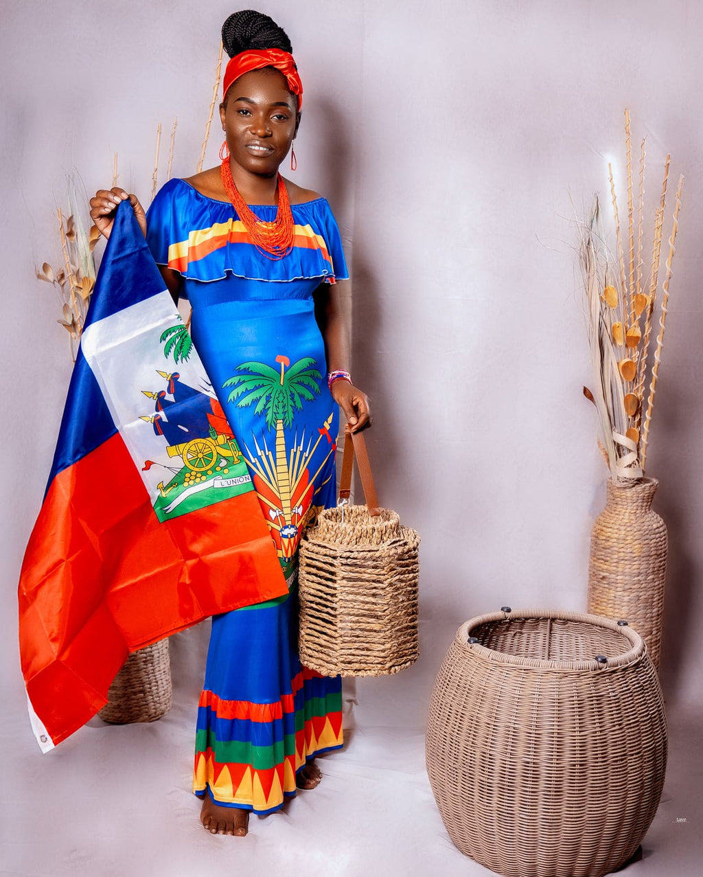 Women Off Shoulder Polynesian Haitian Flag Print Maxi Dress Summer Party Casual Two Pieces Sundress Dresses