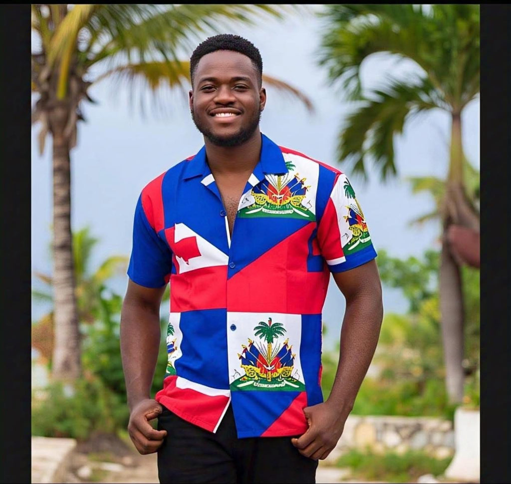 Newest Oversized Fashion Polynesian Haitian Flag Print Shirt, Men's Casual Short-Sleeved Summer Breathable.