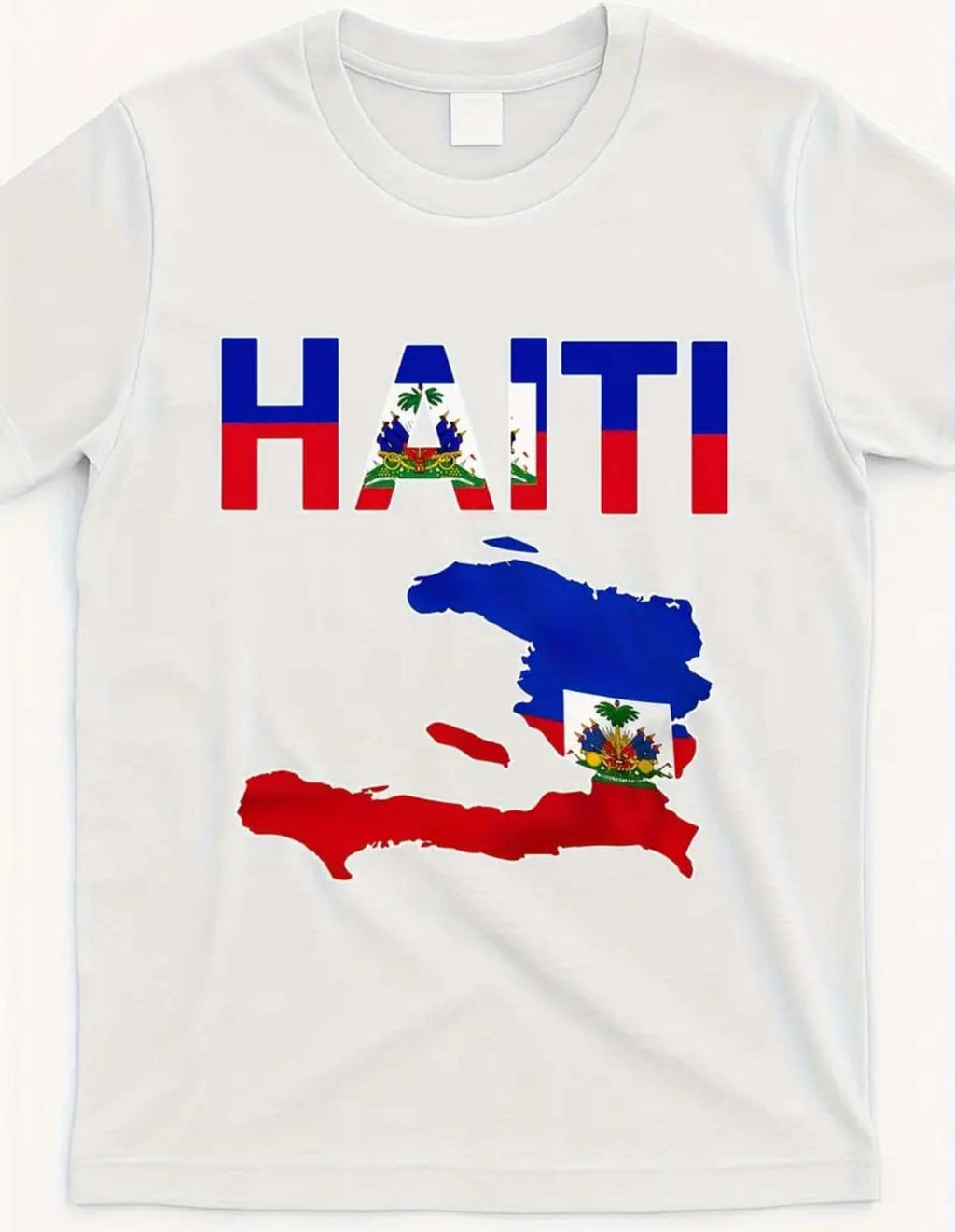 Haiti Map Graphic T-Shirt 
White t-shirt featuring a vibrant Haiti map graphic in blue and red.