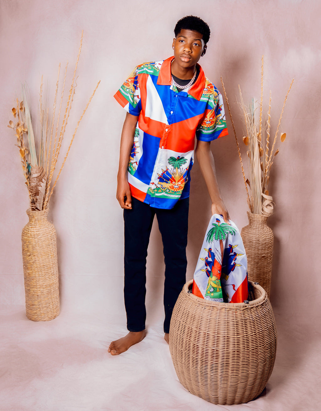 Newest Oversized Fashion Polynesian Haitian Flag Print Shirt, Men's Casual Short-Sleeved Summer Breathable.